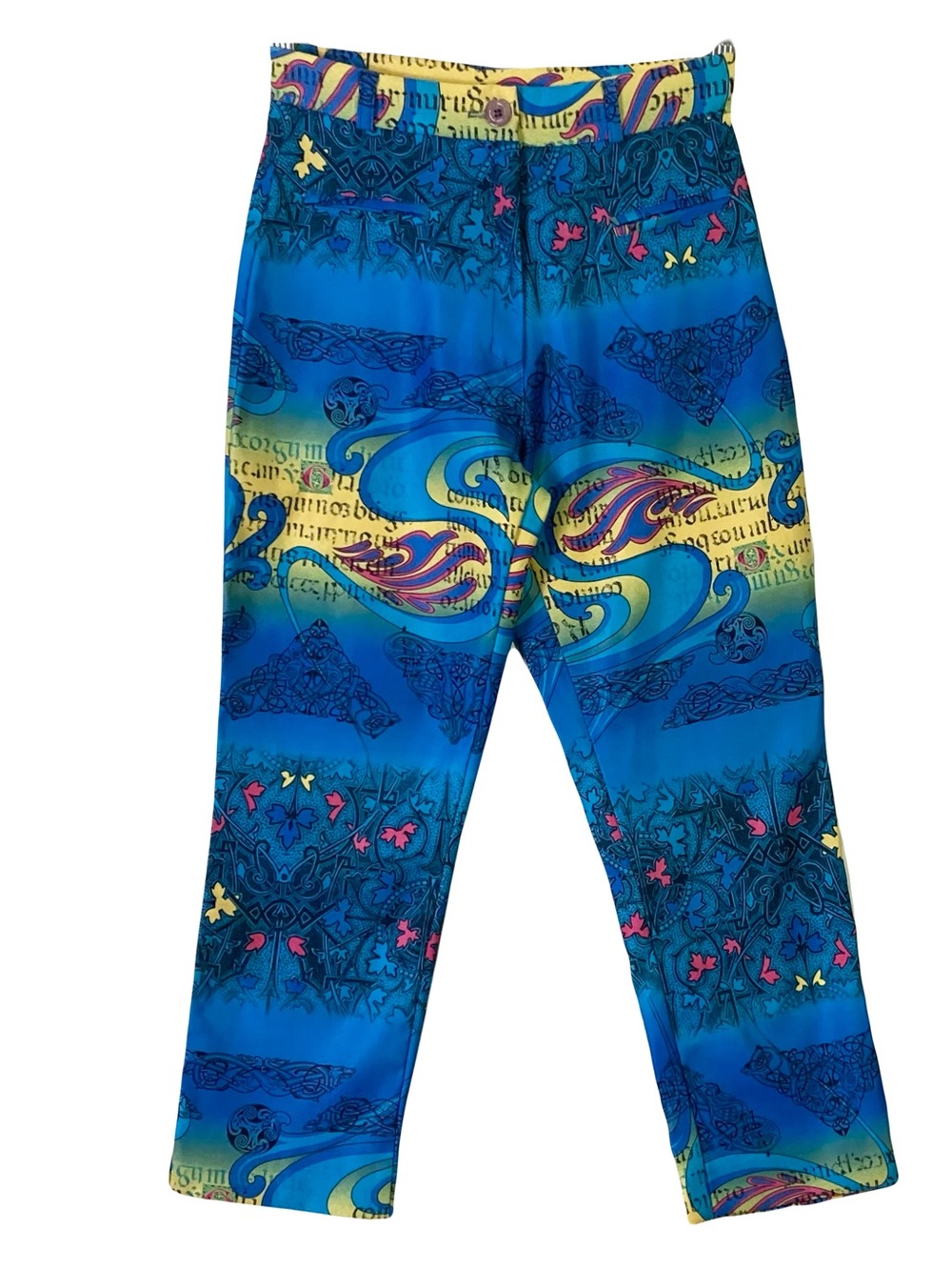 Nwot OASIS Pants ~S/M Art-Print Blue Yellow Ankle Stretchy Slit-Side
